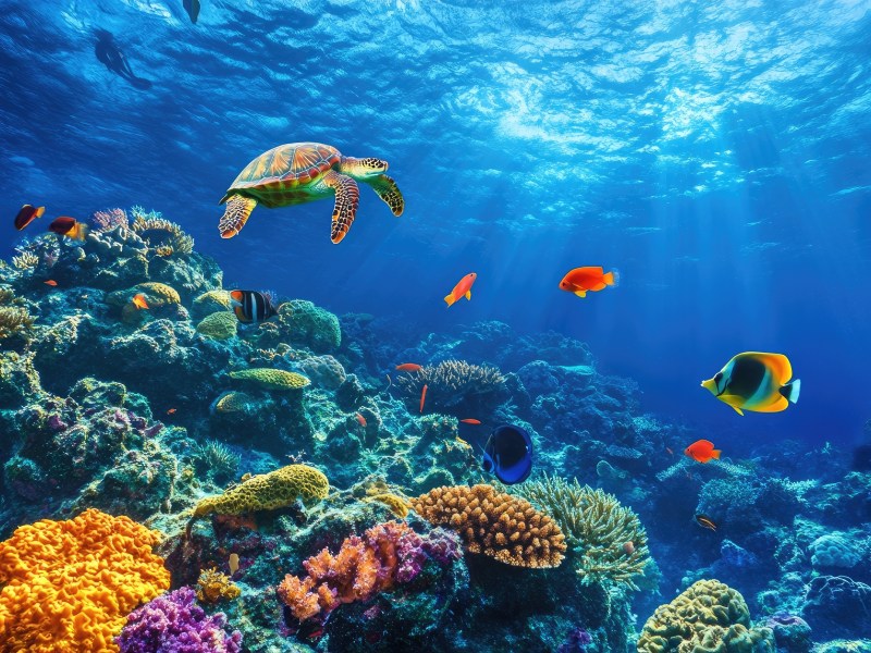 Underwater coral reef landscape with colorful fish and sea turtles in the deep blue ocean Underwater coral reef landscape with colorful fish and sea turtles in the deep blue ocean