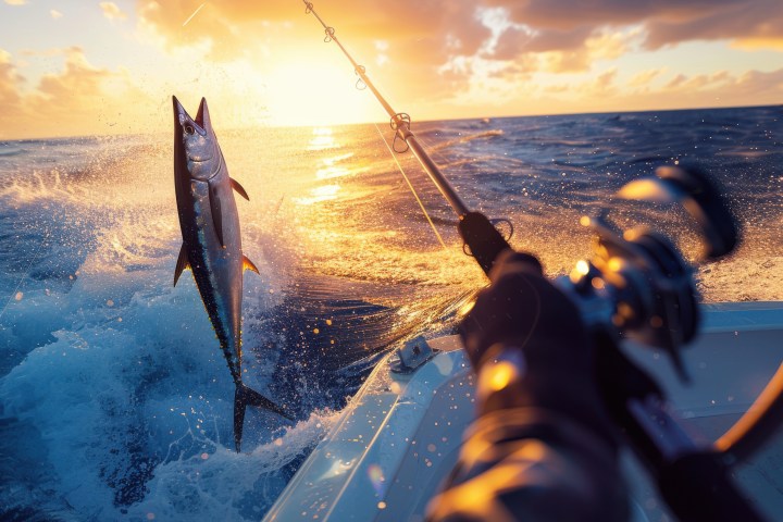 Person fishing on a boat with leaping fish at sunrise over the ocean.