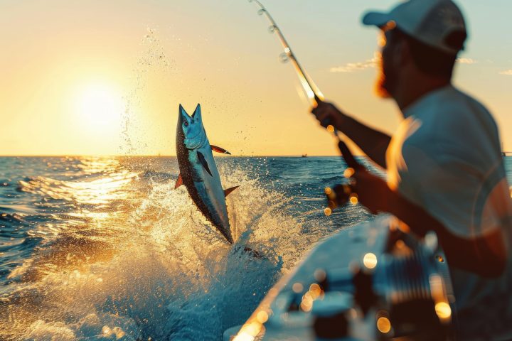 Man fishing at sunset, reeling in a leaping tuna fish from a boat.